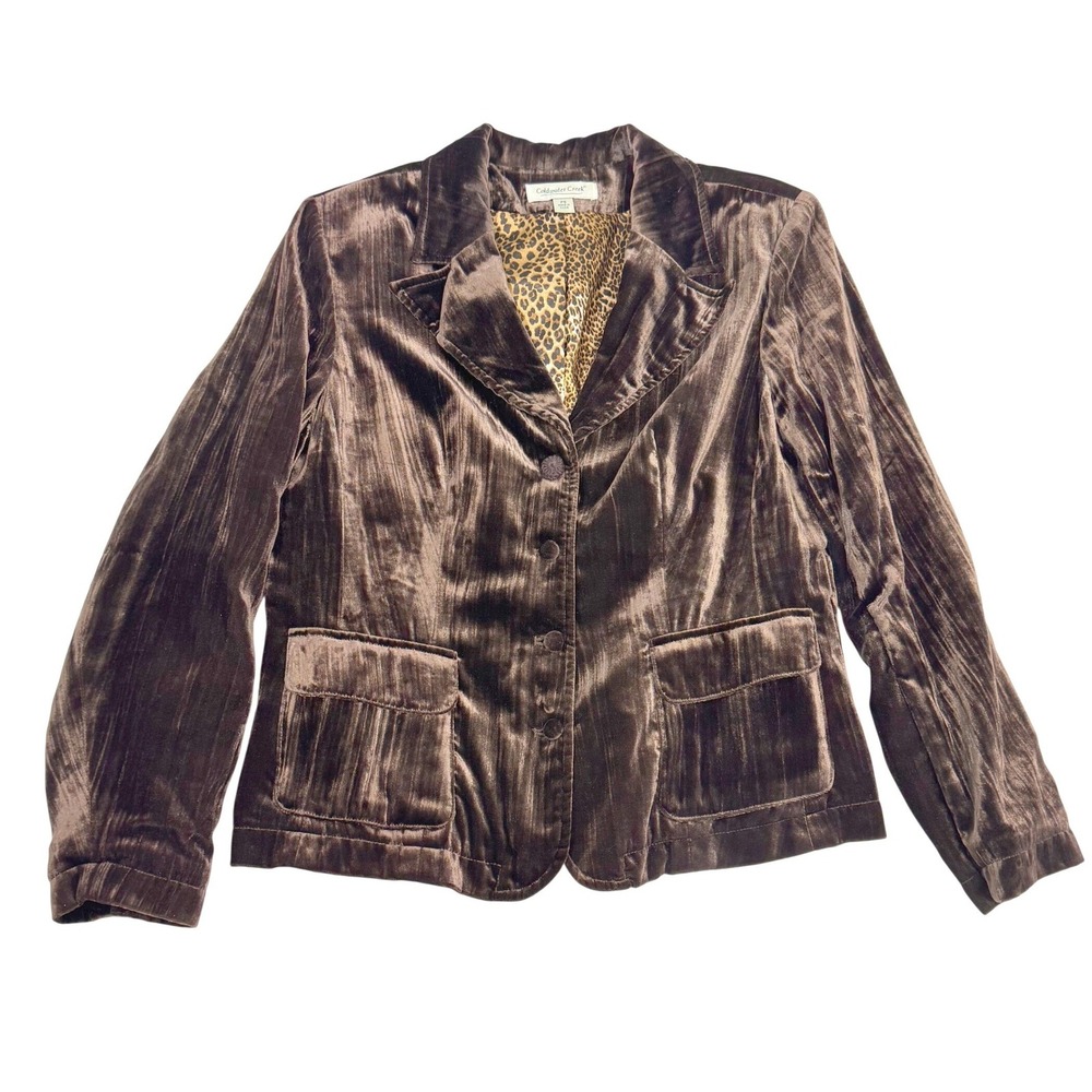 VTG 90s Coldwater Creek Chocolate Brown Velvet Blazer Leopard Petite S Boho